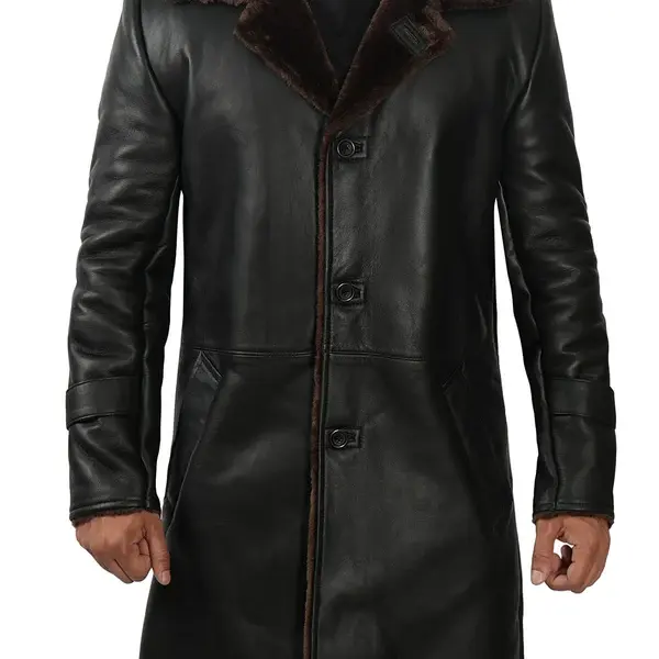 Real Black Leather Brown Shearling Coat Men