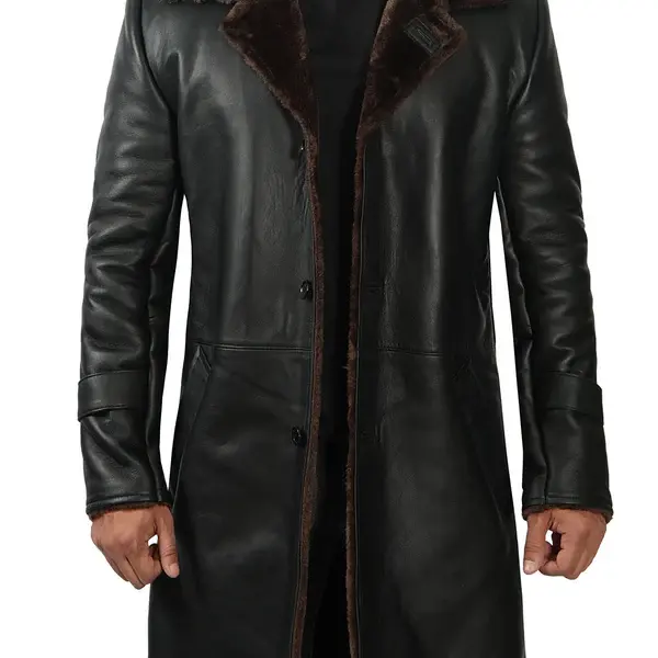 Real Black Leather Brown Shearling Coat Men