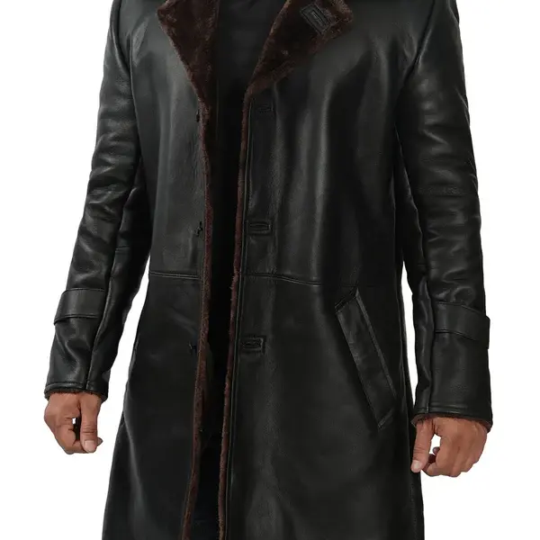 Real Black Leather Brown Shearling Coat Men