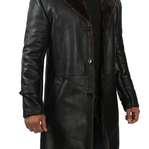 Real Black Leather Brown Shearling Coat Men