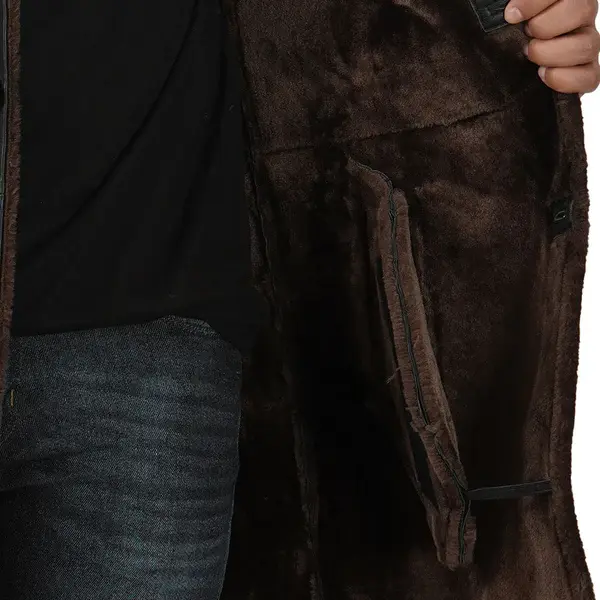 Real Black Leather Brown Shearling Coat Men