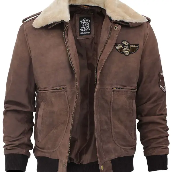 Men's Brown Suede Bomber Aviator Jacket with Removeable Shearling Collar