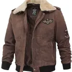 Men's Brown Suede Bomber Aviator Jacket with Removeable Shearling Collar