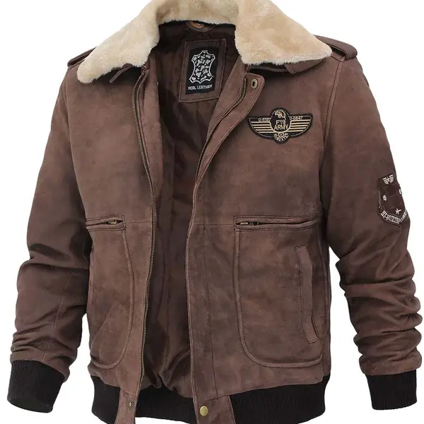 Men's Brown Suede Bomber Aviator Jacket with Removeable Shearling Collar