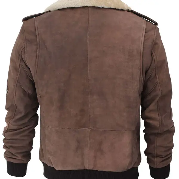 Men's Brown Suede Bomber Aviator Jacket with Removeable Shearling Collar