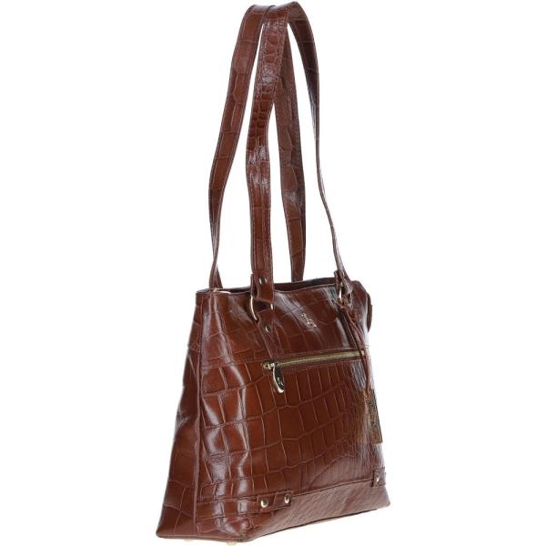 Zip Mid Section Real Leather Shoulder Bag Cognac