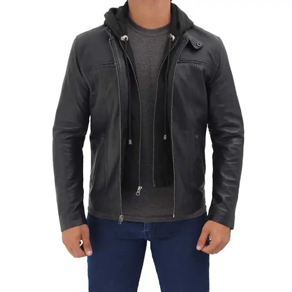 Black Cafe Racer Leather Jacket with Hood